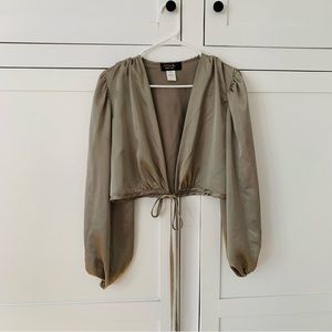 Renee C. Olive Green Satin Cropped Tie-Front Blouse